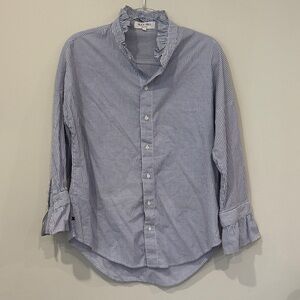 Alex Mill Navy and White Pinstripe Cotton Button-Down Shirt Ruffle Neck Sleeve